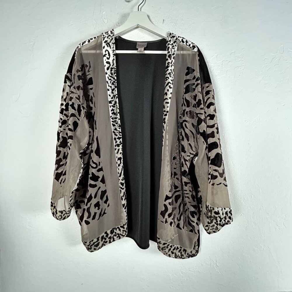 Chico's Easywear Womens Animal Print Kimono Cardigan Sweater Size 3 Black Beige